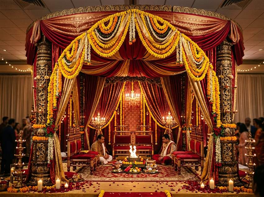 Opulent Indian Wedding Mandap with Red and Gold Silk Drapes and Marigold Archway by Dream Party Decor Inc